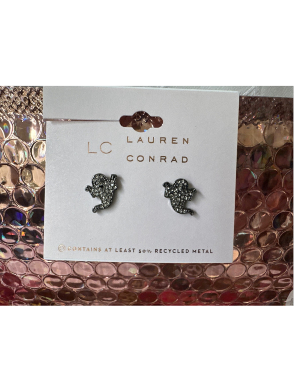 LC Lauren Conrad Dainty Earrings Halloween Rhinestone Ghosts Silver Spooky NEW